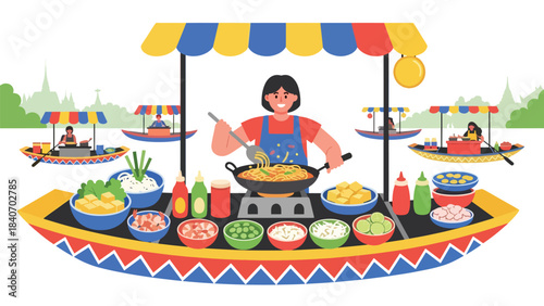 Thai street vendor preparing pad thai at floating market. Flat modern illustration for Asian cuisine, travel culture, and food marketplace concepts