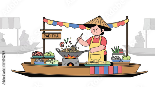 Thai street vendor preparing pad thai at floating market. Flat modern illustration for Asian cuisine, travel culture, and food marketplace concepts