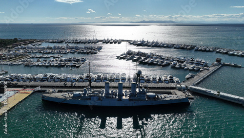Canvastavla Aerial drone photo of small port and Park of Maritime Tradition where historic A