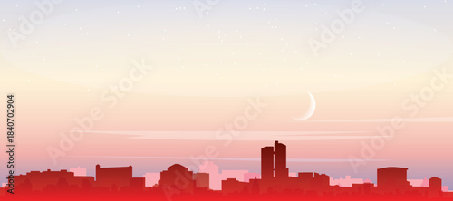 Red panoramic poster of the city skyline with misty background buildings, sunrise, moon and clouds of VIENNA, AUSTRIA