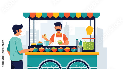 Indian pani puri street cart with vendor serving crispy puri shells. Clean flat vector for Indian food, markets, and cultural culinary concepts