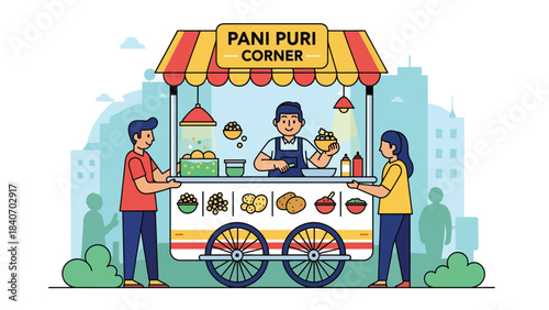 Indian pani puri street cart with vendor serving crispy puri shells. Clean flat vector for Indian food, markets, and cultural culinary concepts