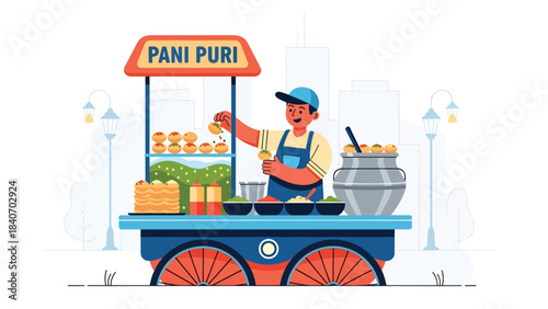 Indian pani puri street cart with vendor serving crispy puri shells. Clean flat vector for Indian food, markets, and cultural culinary concepts