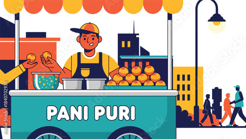 Indian pani puri street cart with vendor serving crispy puri shells. Clean flat vector for Indian food, markets, and cultural culinary concepts