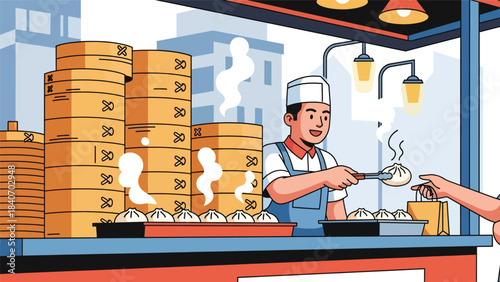 Chinese baozi vendor serving steamed buns from bamboo steamers. Modern flat vector for Asian street food and cultural culinary themes