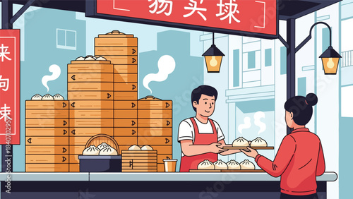 Chinese baozi vendor serving steamed buns from bamboo steamers. Modern flat vector for Asian street food and cultural culinary themes