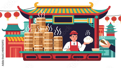 Chinese baozi vendor serving steamed buns from bamboo steamers. Modern flat vector for Asian street food and cultural culinary themes