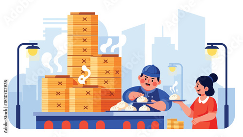 Chinese baozi vendor serving steamed buns from bamboo steamers. Modern flat vector for Asian street food and cultural culinary themes