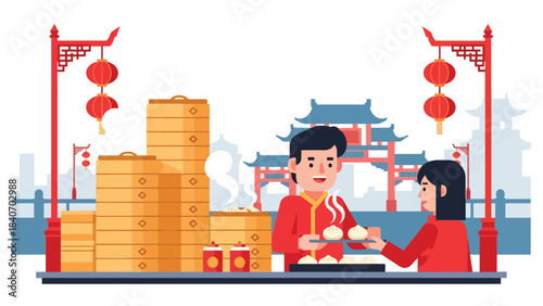 Chinese baozi vendor serving steamed buns from bamboo steamers. Modern flat vector for Asian street food and cultural culinary themes