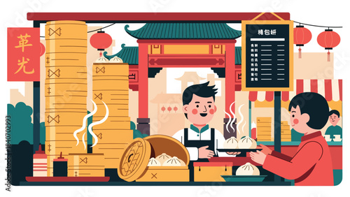 Chinese baozi vendor serving steamed buns from bamboo steamers. Modern flat vector for Asian street food and cultural culinary themes