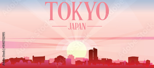 Red panoramic poster of the city skyline with misty background buildings, sunrise, moon and clouds of TOKYO, JAPAN