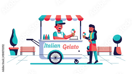 Italian gelato cart in sunny plaza with vendor serving cones. Flat modern vector for dessert culture, travel themes, and global street food