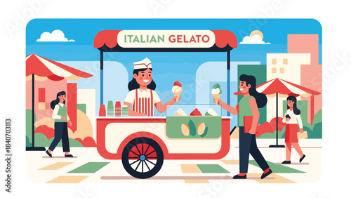 Italian gelato cart in sunny plaza with vendor serving cones. Flat modern vector for dessert culture, travel themes, and global street food
