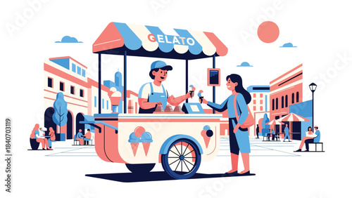 Italian gelato cart in sunny plaza with vendor serving cones. Flat modern vector for dessert culture, travel themes, and global street food