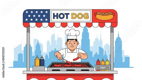 American hot dog stand with vendor grilling sausages in city setting. Flat vector for fast food, urban culture, and street culinary themes