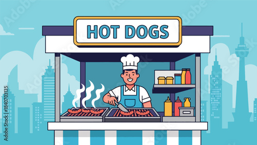 American hot dog stand with vendor grilling sausages in city setting. Flat vector for fast food, urban culture, and street culinary themes
