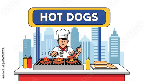 American hot dog stand with vendor grilling sausages in city setting. Flat vector for fast food, urban culture, and street culinary themes