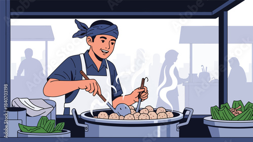 Indonesian bakso vendor cooking meatballs at street stall. Clean modern flat vector for Asian street cuisine and cultural food themes