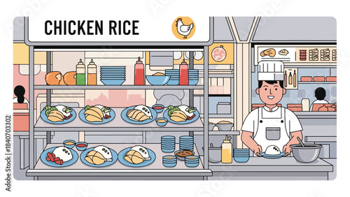 Singapore hawker stall serving chicken rice hainan in clean modern interior. Flat vector for Asian food culture and multicultural culinary themes