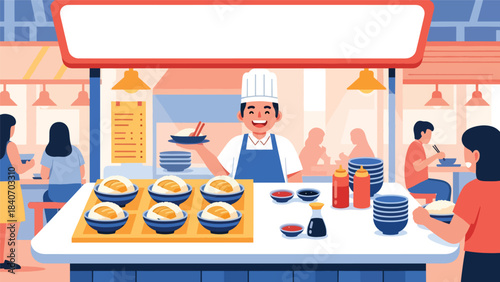 Singapore hawker stall serving chicken rice hainan in clean modern interior. Flat vector for Asian food culture and multicultural culinary themes