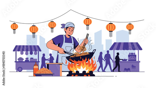 Malaysian vendor cooking char kway teow in hot wok at night market. Flat vector for Asian noodle cuisine and urban street food culture