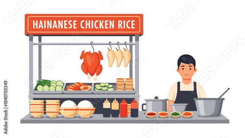 Singapore hawker stall serving chicken rice hainan in clean modern interior. Flat vector for Asian food culture and multicultural culinary themes