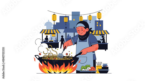 Malaysian vendor cooking char kway teow in hot wok at night market. Flat vector for Asian noodle cuisine and urban street food culture