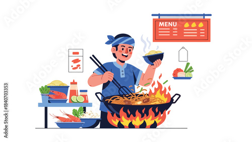 Malaysian vendor cooking char kway teow in hot wok at night market. Flat vector for Asian noodle cuisine and urban street food culture