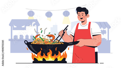 Malaysian vendor cooking char kway teow in hot wok at night market. Flat vector for Asian noodle cuisine and urban street food culture