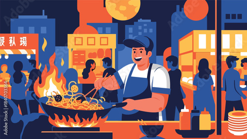 Malaysian vendor cooking char kway teow in hot wok at night market. Flat vector for Asian noodle cuisine and urban street food culture
