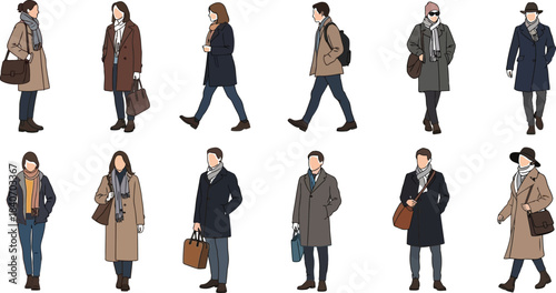 Diverse people wearing autumn winter coats and scarves walking in city scene