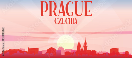 Red panoramic poster of the city skyline with misty background buildings, sunrise, moon and clouds of PRAGUE, CZECH REPUBLIC