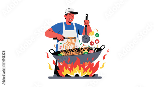 Malaysian vendor cooking char kway teow in hot wok at night market. Flat vector for Asian noodle cuisine and urban street food culture