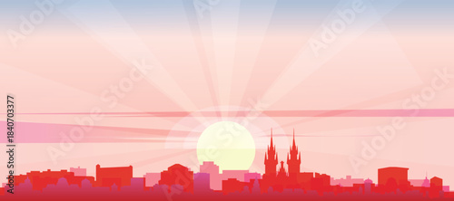 Red panoramic poster of the city skyline with misty background buildings, sunrise, moon and clouds of PRAGUE, CZECH REPUBLIC