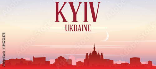 Red panoramic poster of the city skyline with misty background buildings, sunrise, moon and clouds of KYIV, UKRAINE