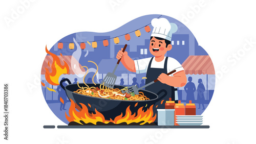 Malaysian vendor cooking char kway teow in hot wok at night market. Flat vector for Asian noodle cuisine and urban street food culture