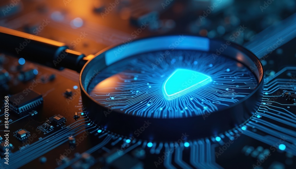 Fototapeta premium Magnifying glass over glowing circuit board with digital shield icon. Examines electronic data for cyber security threats, protection, and system integrity checks. Innovation, audit, and analysis.