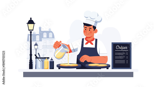 French crepe vendor preparing thin pancakes at street stand. Flat vector for European desserts and global street culinary scenes