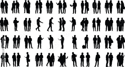 Diverse Group of People Silhouettes Communicating, Walking, and Interacting