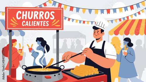 Vector art of a street food vendor frying fresh churros at an outdoor market, with customers enjoying snacks and a festive atmosphere ideal for food, travel, and lifestyle promotions