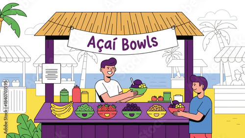Brazilian street vendor selling açaí bowls with tropical toppings. Flat modern vector for healthy street food and vibrant South American cuisine