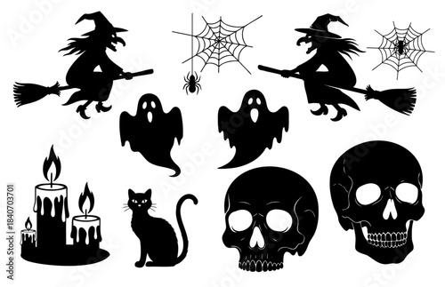 Set of black halloween silhouette icons isolated on transparent background for design