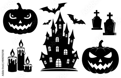 Set of black halloween silhouette icons isolated on transparent background for design