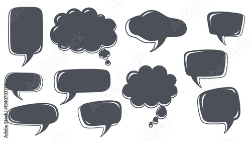Set of dark grey hand drawn speech bubbles blank design elements vector illustration