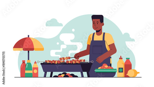 African street vendor grilling suya skewers in open market. Flat modern vector for cultural African cuisine and traditional street food