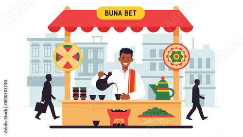 Ethiopian coffee vendor pouring traditional brew at street stall. Flat vector for cultural beverages and African street food scenes