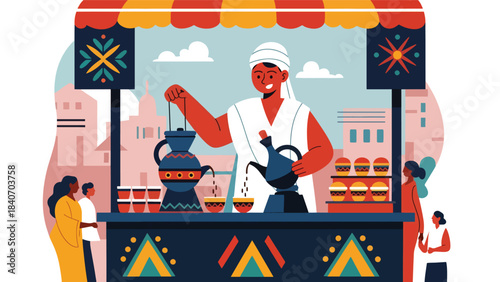 Ethiopian coffee vendor pouring traditional brew at street stall. Flat vector for cultural beverages and African street food scenes