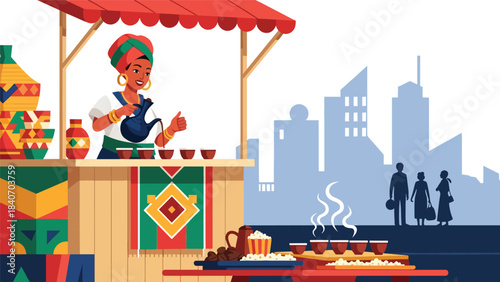 Ethiopian coffee vendor pouring traditional brew at street stall. Flat vector for cultural beverages and African street food scenes
