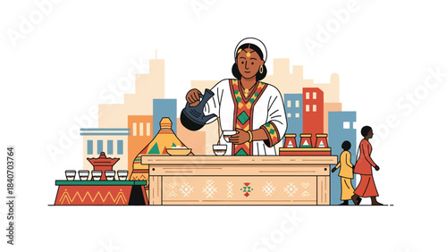 Ethiopian coffee vendor pouring traditional brew at street stall. Flat vector for cultural beverages and African street food scenes
