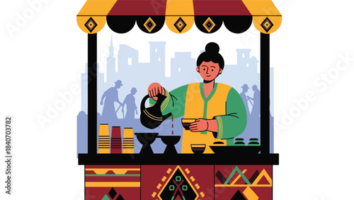 Ethiopian coffee vendor pouring traditional brew at street stall. Flat vector for cultural beverages and African street food scenes